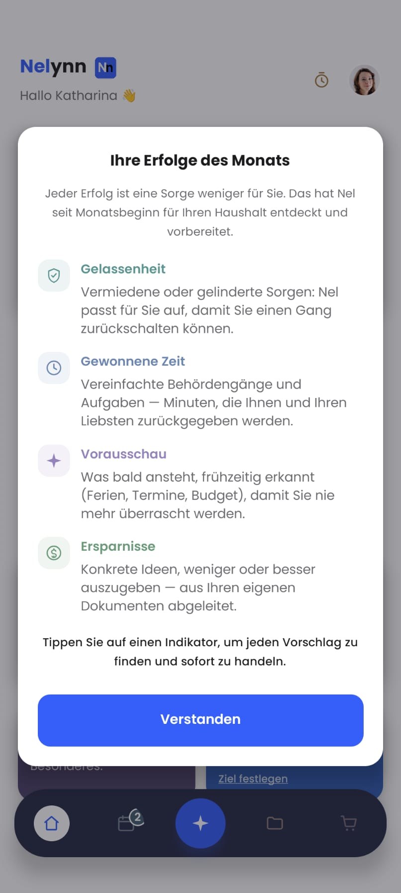 Fenster „Ihre Erfolge des Monats“, das die vier Indikatoren erklärt: Gelassenheit, Gewonnene Zeit, Vorausschau und Ersparnisse, mit der Schaltfläche Verstanden.