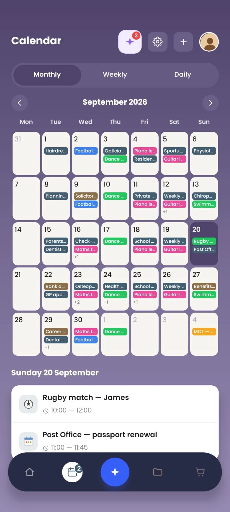September 2026 calendar in month view: the whole family’s events in color, including the dentist and the parent-teacher meeting on Tuesday the 15th, and a badge of 3 tips from Nely.
