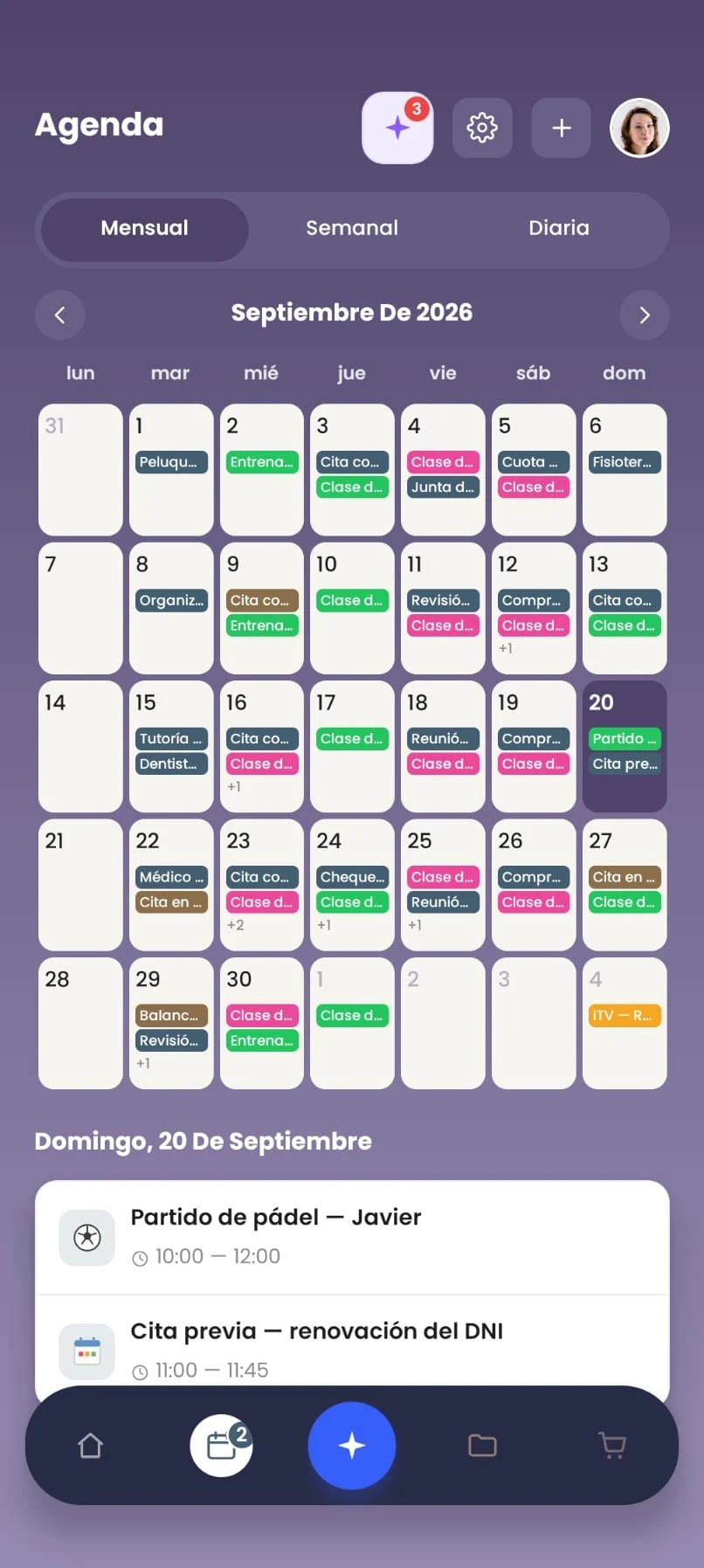 Agenda de septiembre de 2026 en vista mensual: los eventos de toda la familia en color, con la tutoría y el dentista el martes 15, y una insignia con 3 consejos de Nely.