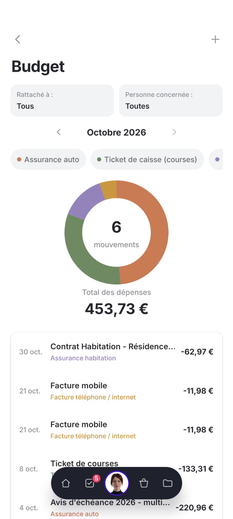 Pantalla Presupuesto de septiembre de 2026: 2.314,07 € de gastos en 14 movimientos, repartidos por categoría en un gráfico, con el detalle de cada movimiento.