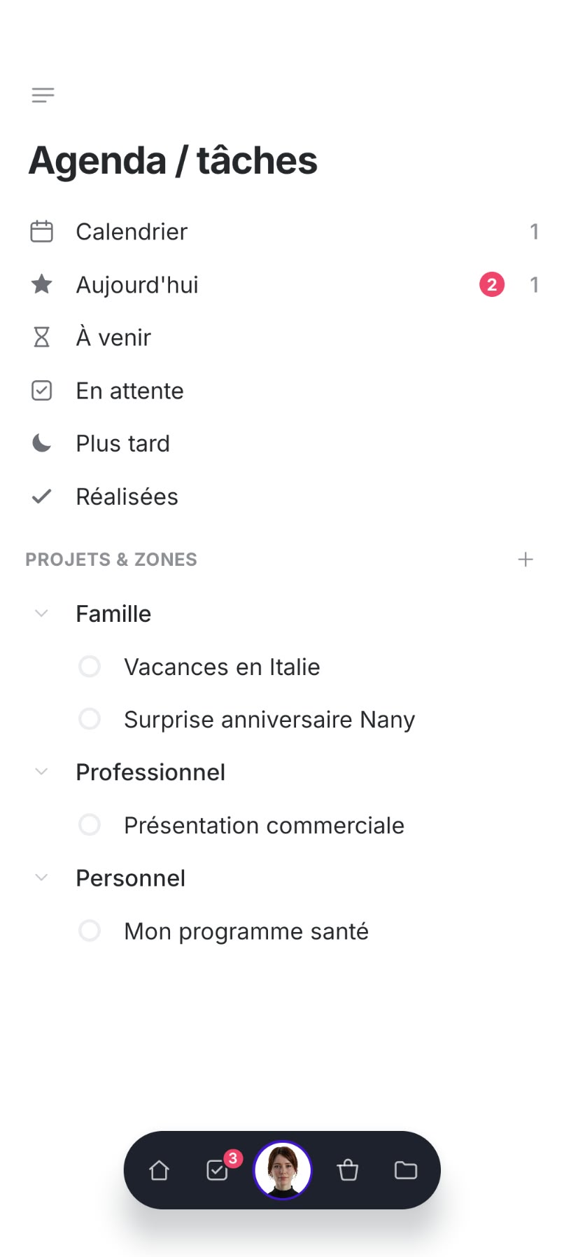 Menu Agenda / tâches, puis le calendrier mensuel d'octobre 2026 après un tap sur « Calendrier », puis les paramètres d'agenda (Google Agenda, Microsoft Agenda) après un tap sur la roue crantée.