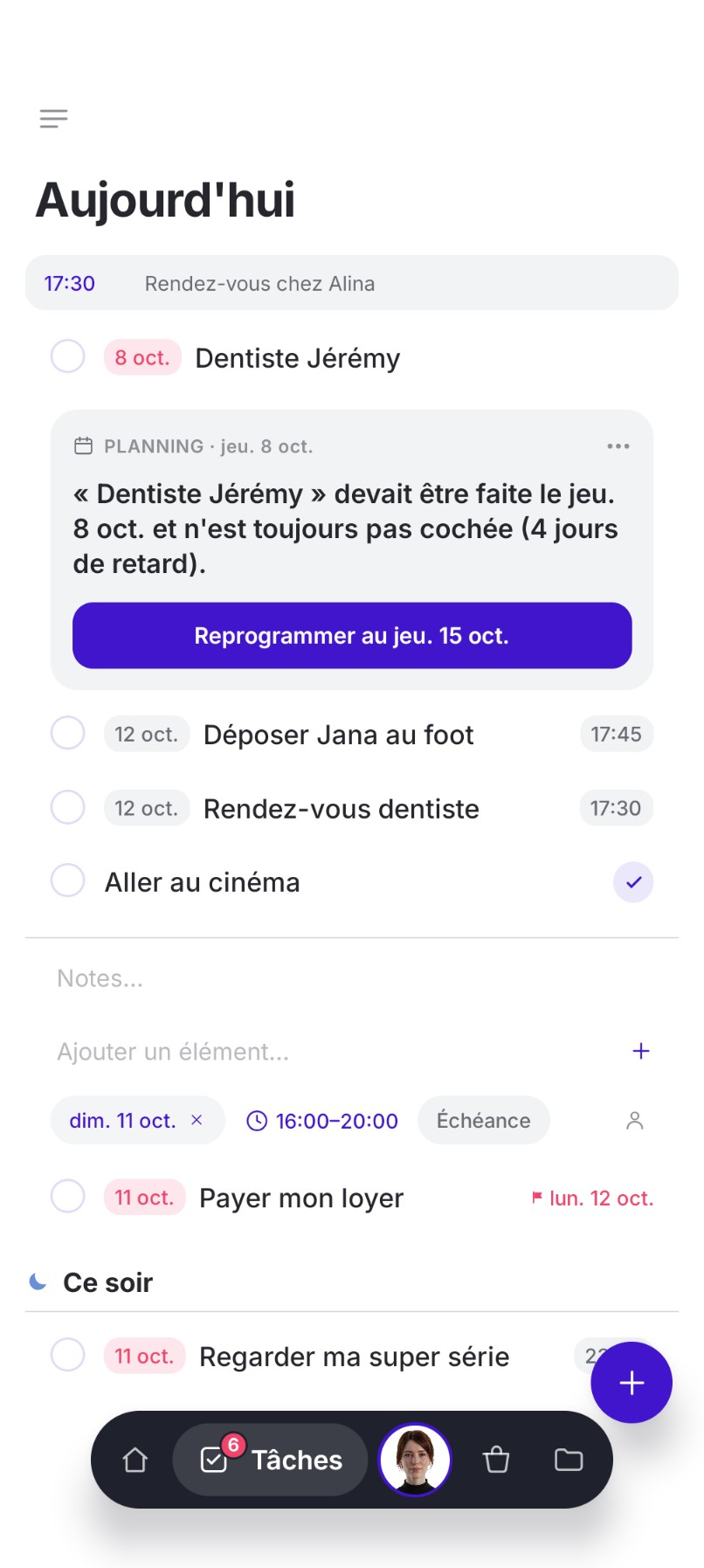 Tâche « Aller au cinéma » dépliée avec sa plage horaire, son échéance et le bouton pour l'assigner à un membre du foyer.