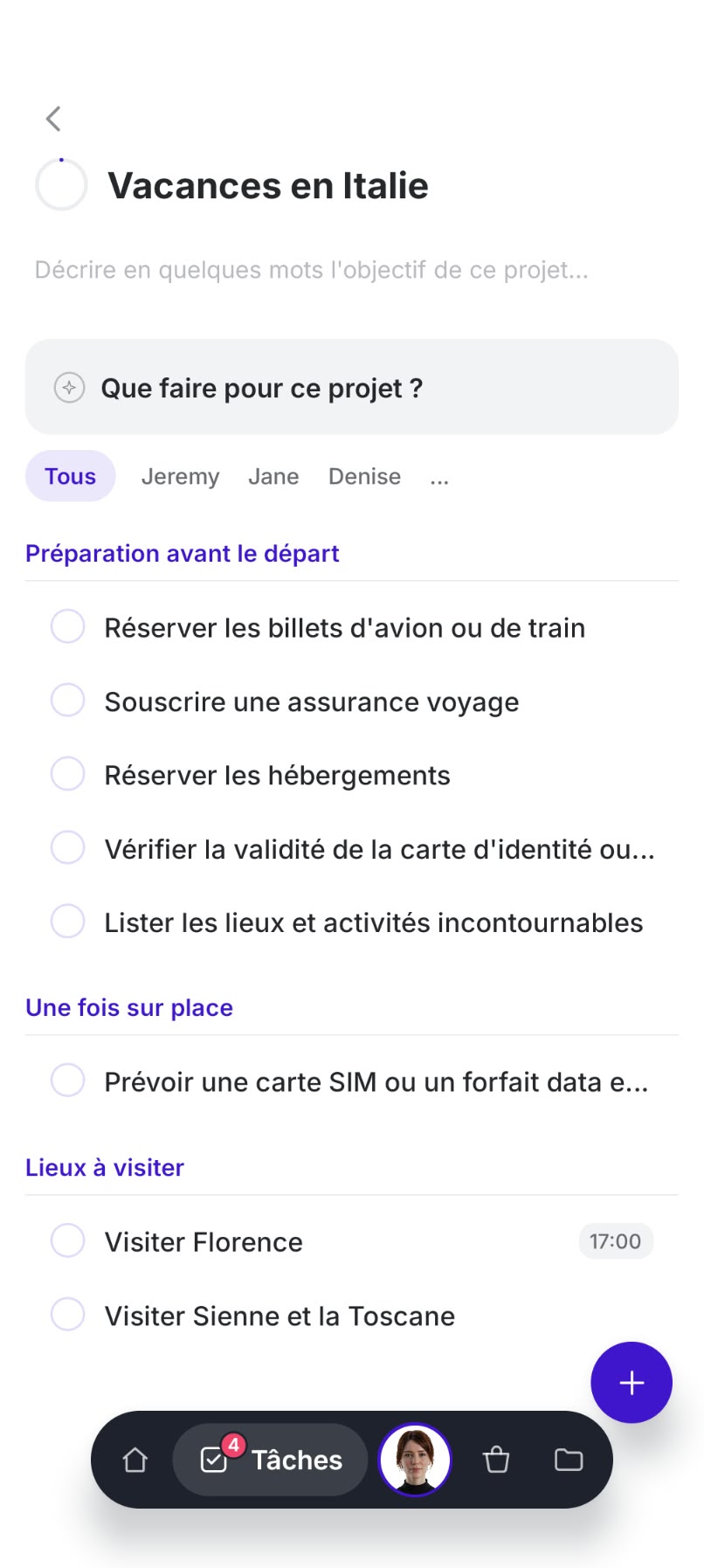Tâche « Réserver les hébergements » du projet Vacances en Italie : ouverture de la tâche, choix de la date puis de l'échéance, et assignation à plusieurs membres du foyer.
