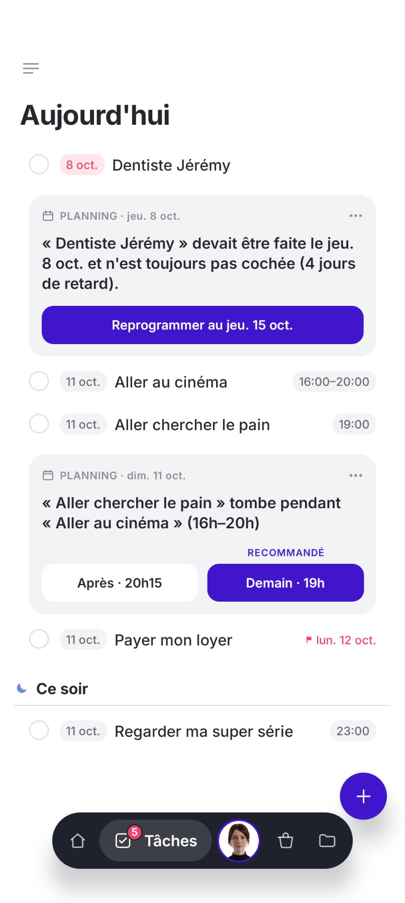 Écran Aujourd'hui de Nelynn : les tâches du jour avec leurs heures, la section « Ce soir », et une proposition de Nely pour reprogrammer une tâche en retard.
