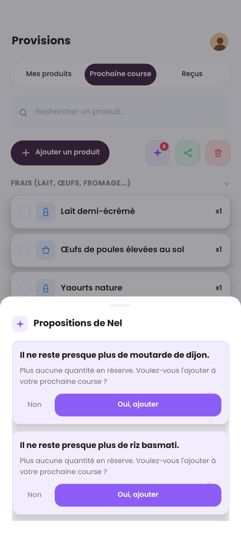 Propositions de Nel sur l'écran Provisions : « Il ne reste presque plus de moutarde de dijon » et « Il ne reste presque plus de riz basmati », avec un bouton « Oui, ajouter ».