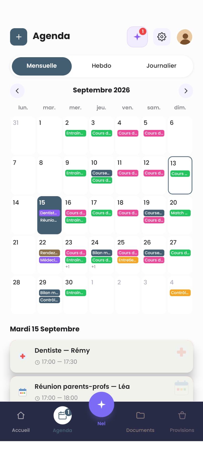 Agenda du mardi 15 septembre : « Dentiste — Rémy » 17h00-17h30 et « Réunion parents-profs — Léa » 17h00-18h00, au même horaire.