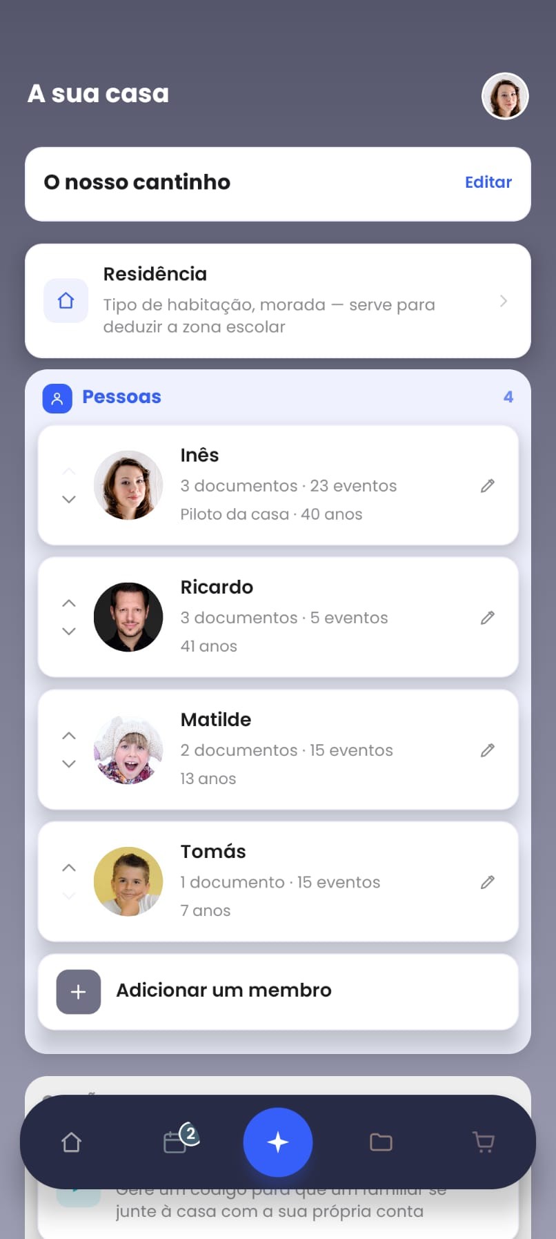 Ecrã «A sua casa» com os 4 membros (Inês, Ricardo, Matilde, Tomás), cada um com os seus documentos e eventos associados.